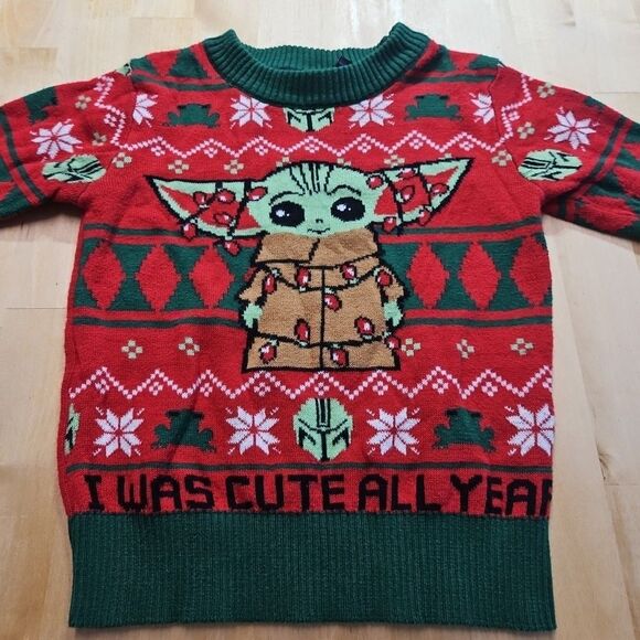 Star Wars Baby Yoda "I Was Cute All Year" Green-Red Christmas Sweater-12 Month's - Picture 1 of 16